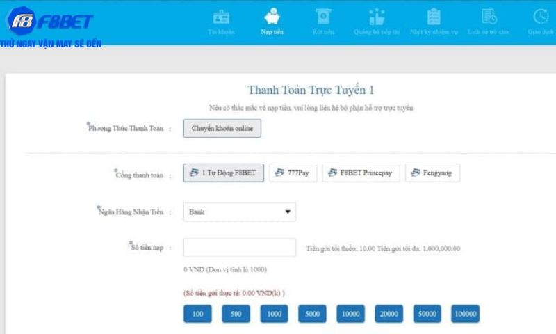 Chỉ dẫn cách nạp tiền vào F8BET đầy đủ và rõ ràng